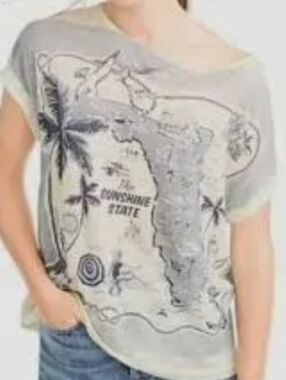 J. Crew Cream & Gray Sunshine State Graphic Tee 100% Linen SzL